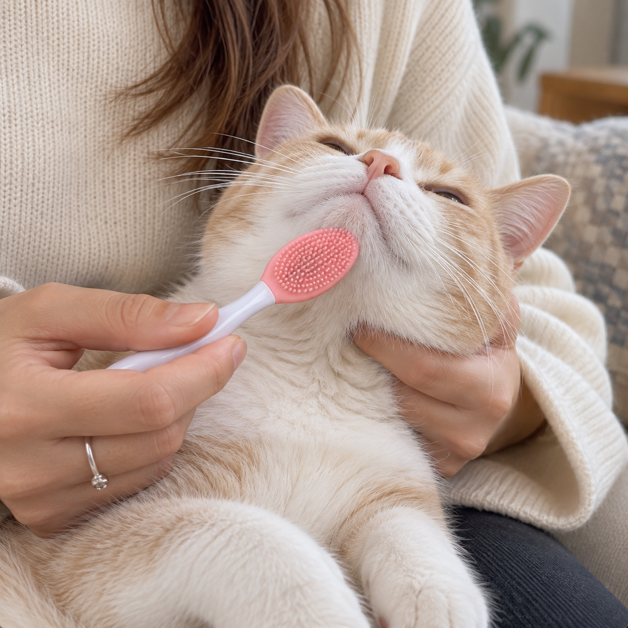 Cat relaxing during a gentle Bristle & Paw grooming routine